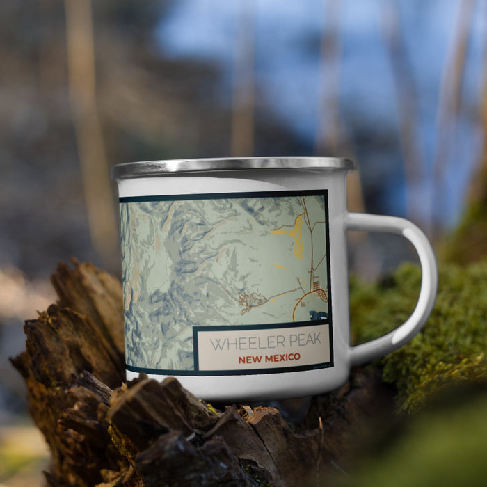 Right View Custom Wheeler Peak New Mexico Map Enamel Mug in Woodblock on Grass With Trees in Background