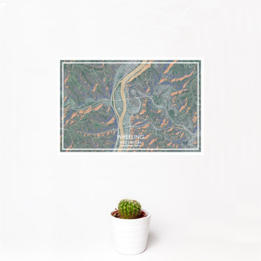 12x18 Wheeling West Virginia Map Print Landscape Orientation in Afternoon Style With Small Cactus Plant in White Planter