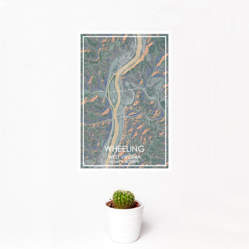 12x18 Wheeling West Virginia Map Print Portrait Orientation in Afternoon Style With Small Cactus Plant in White Planter