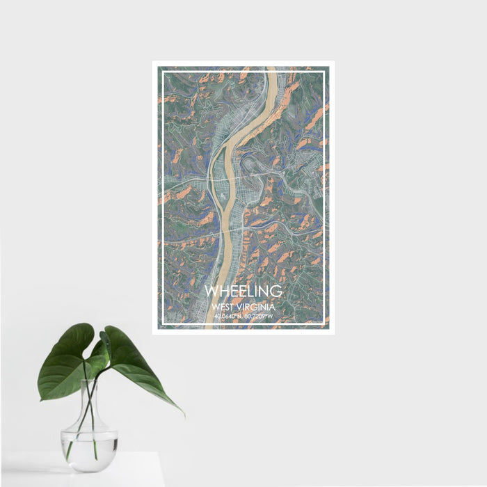 16x24 Wheeling West Virginia Map Print Portrait Orientation in Afternoon Style With Tropical Plant Leaves in Water
