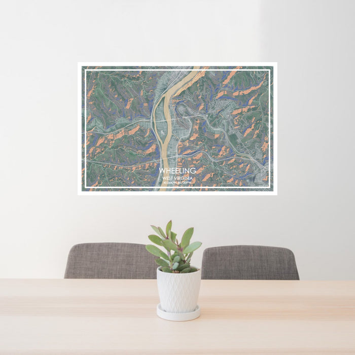 24x36 Wheeling West Virginia Map Print Lanscape Orientation in Afternoon Style Behind 2 Chairs Table and Potted Plant