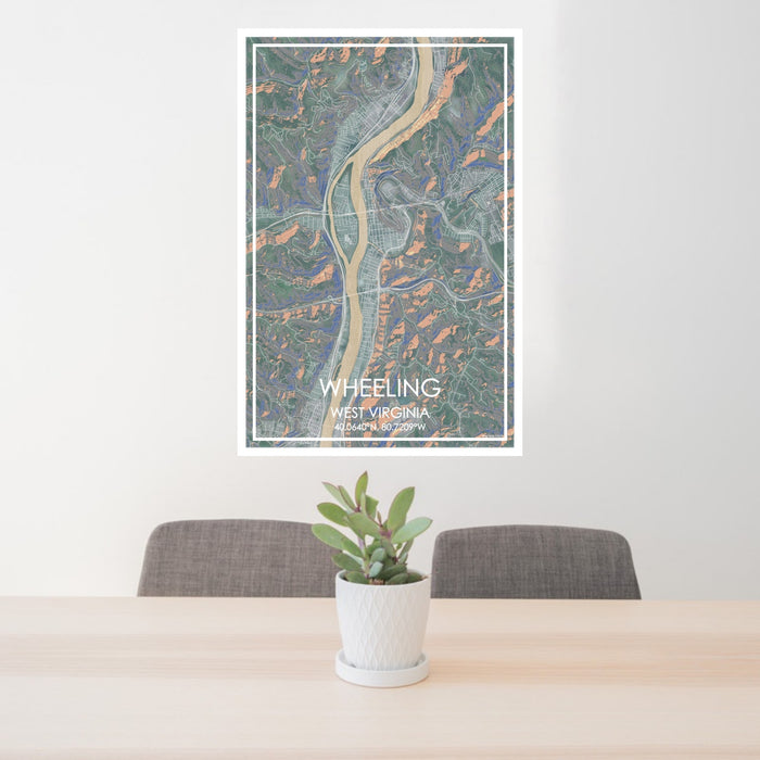 24x36 Wheeling West Virginia Map Print Portrait Orientation in Afternoon Style Behind 2 Chairs Table and Potted Plant