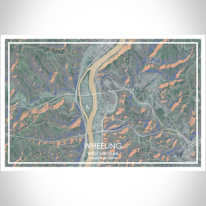 Wheeling West Virginia Map Print Landscape Orientation in Afternoon Style With Shaded Background