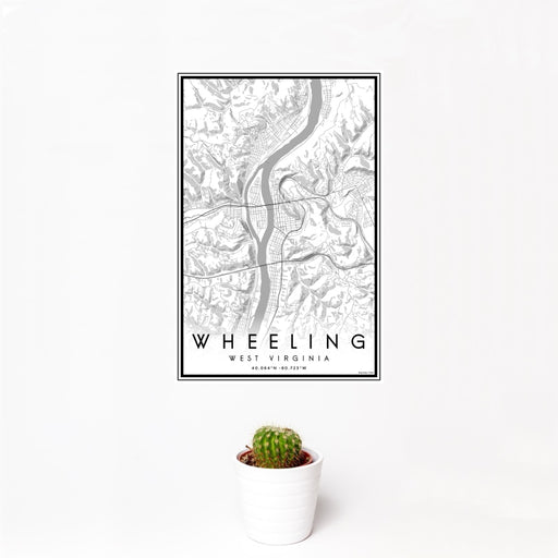 12x18 Wheeling West Virginia Map Print Portrait Orientation in Classic Style With Small Cactus Plant in White Planter