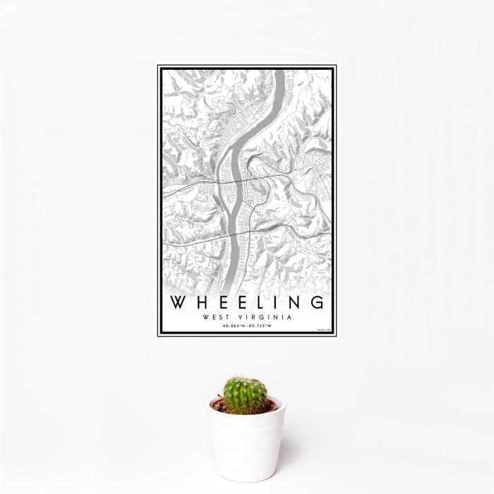 12x18 Wheeling West Virginia Map Print Portrait Orientation in Classic Style With Small Cactus Plant in White Planter