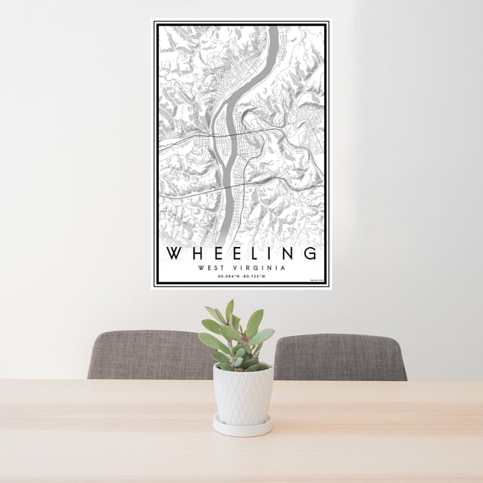 24x36 Wheeling West Virginia Map Print Portrait Orientation in Classic Style Behind 2 Chairs Table and Potted Plant