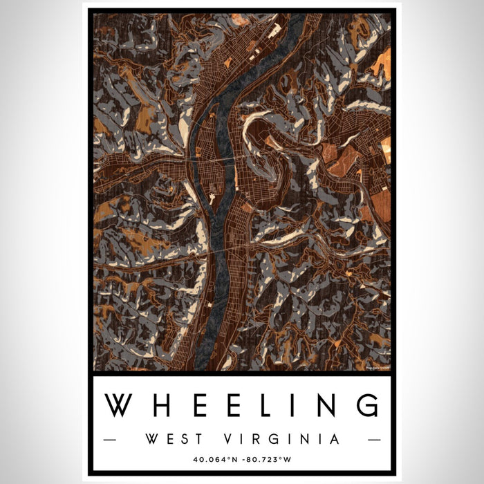 Wheeling West Virginia Map Print Portrait Orientation in Ember Style With Shaded Background