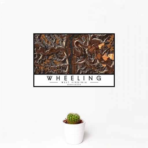 12x18 Wheeling West Virginia Map Print Landscape Orientation in Ember Style With Small Cactus Plant in White Planter