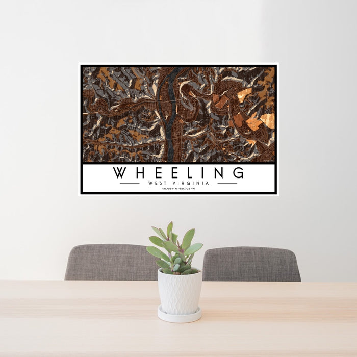 24x36 Wheeling West Virginia Map Print Landscape Orientation in Ember Style Behind 2 Chairs Table and Potted Plant