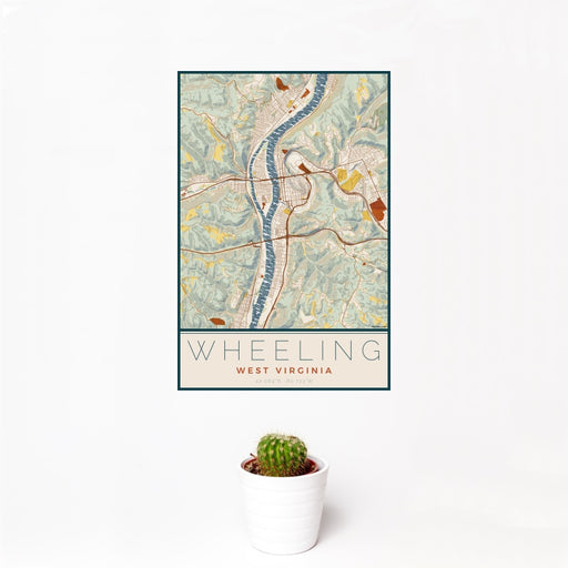 12x18 Wheeling West Virginia Map Print Portrait Orientation in Woodblock Style With Small Cactus Plant in White Planter