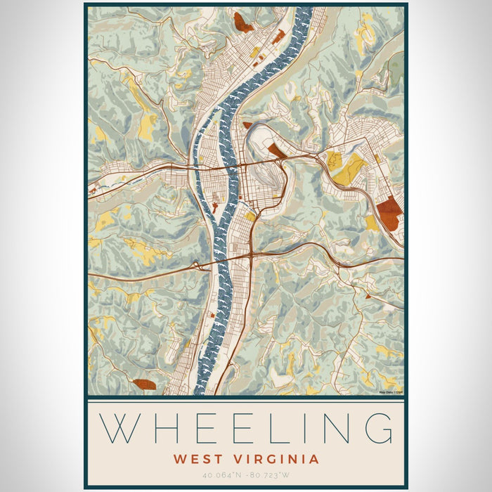 Wheeling West Virginia Map Print Portrait Orientation in Woodblock Style With Shaded Background