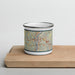 Front View Custom Wheeling West Virginia Map Enamel Mug in Woodblock on Cutting Board