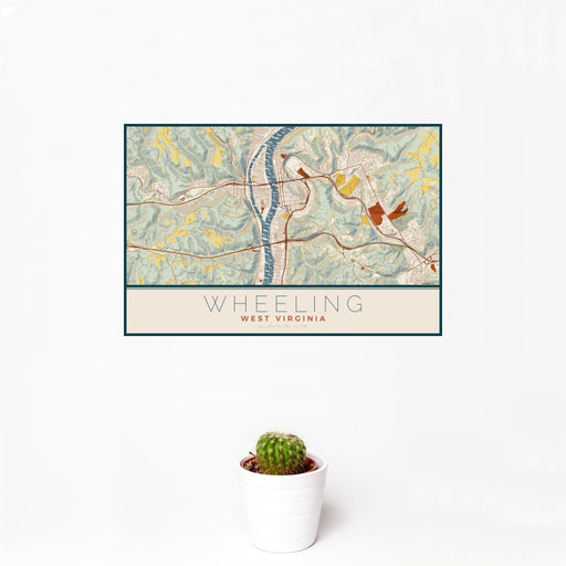 12x18 Wheeling West Virginia Map Print Landscape Orientation in Woodblock Style With Small Cactus Plant in White Planter