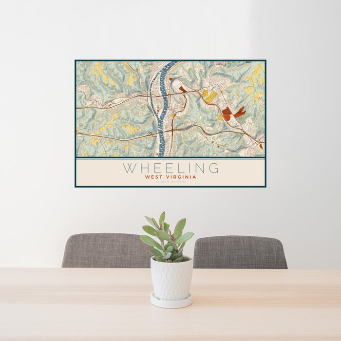 24x36 Wheeling West Virginia Map Print Landscape Orientation in Woodblock Style Behind 2 Chairs Table and Potted Plant