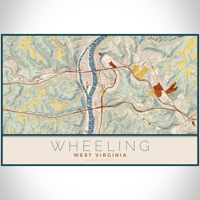 Wheeling West Virginia Map Print Landscape Orientation in Woodblock Style With Shaded Background