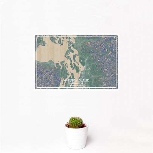 12x18 Whidbey Island Washington Map Print Landscape Orientation in Afternoon Style With Small Cactus Plant in White Planter