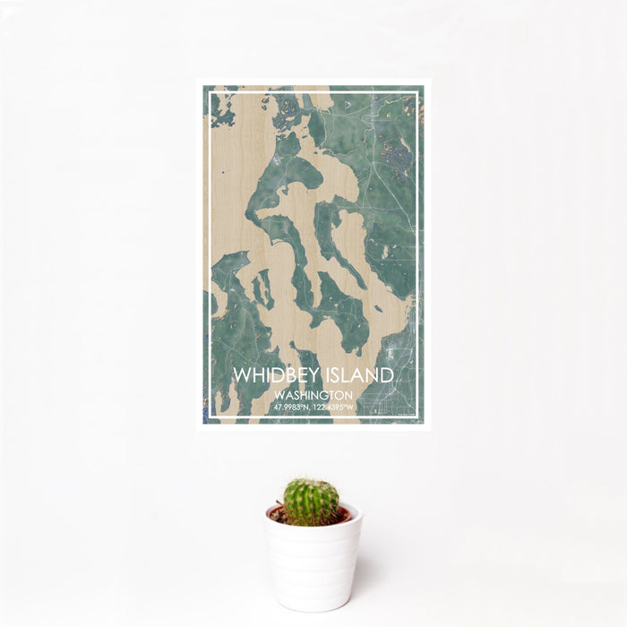 12x18 Whidbey Island Washington Map Print Portrait Orientation in Afternoon Style With Small Cactus Plant in White Planter