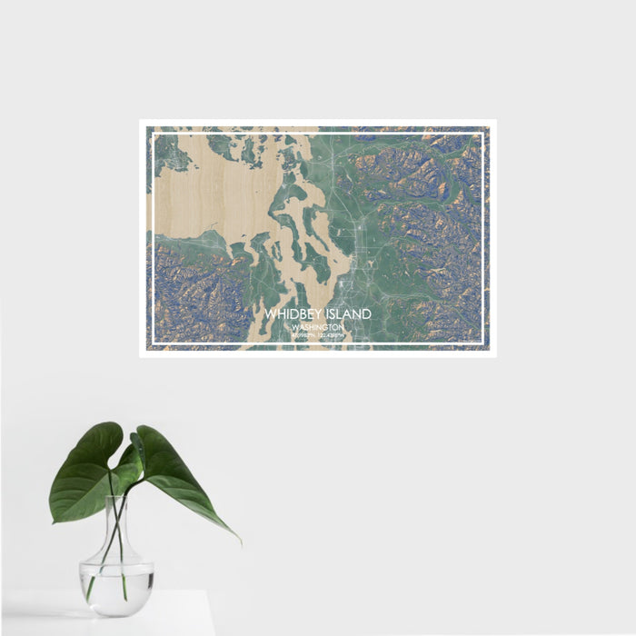 16x24 Whidbey Island Washington Map Print Landscape Orientation in Afternoon Style With Tropical Plant Leaves in Water