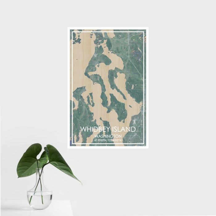 16x24 Whidbey Island Washington Map Print Portrait Orientation in Afternoon Style With Tropical Plant Leaves in Water