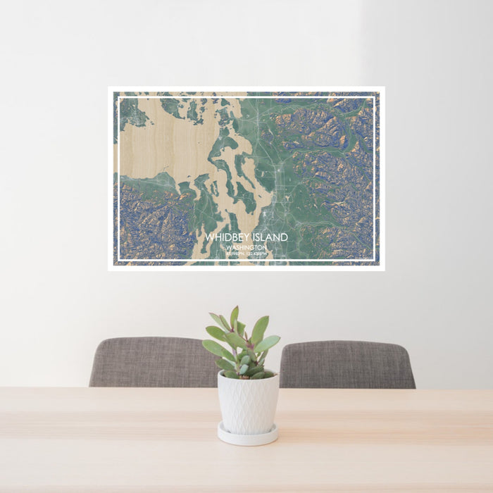 24x36 Whidbey Island Washington Map Print Lanscape Orientation in Afternoon Style Behind 2 Chairs Table and Potted Plant