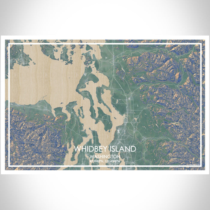 Whidbey Island Washington Map Print Landscape Orientation in Afternoon Style With Shaded Background