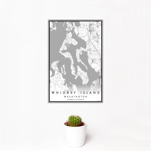12x18 Whidbey Island Washington Map Print Portrait Orientation in Classic Style With Small Cactus Plant in White Planter