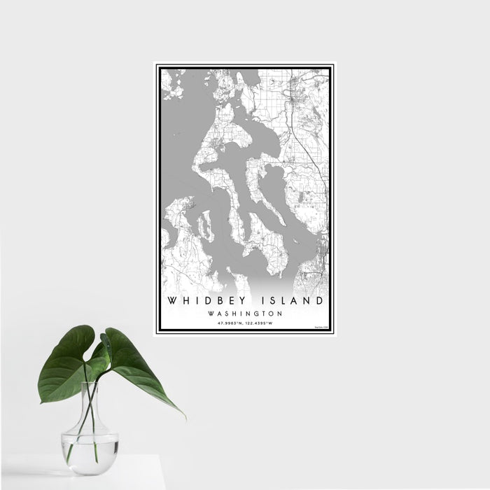 16x24 Whidbey Island Washington Map Print Portrait Orientation in Classic Style With Tropical Plant Leaves in Water