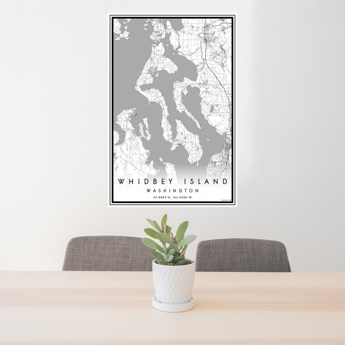 24x36 Whidbey Island Washington Map Print Portrait Orientation in Classic Style Behind 2 Chairs Table and Potted Plant