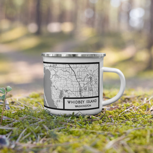 Right View Custom Whidbey Island Washington Map Enamel Mug in Classic on Grass With Trees in Background