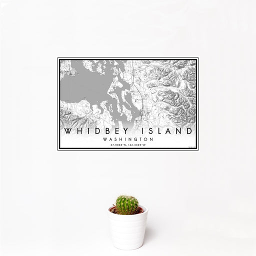 12x18 Whidbey Island Washington Map Print Landscape Orientation in Classic Style With Small Cactus Plant in White Planter