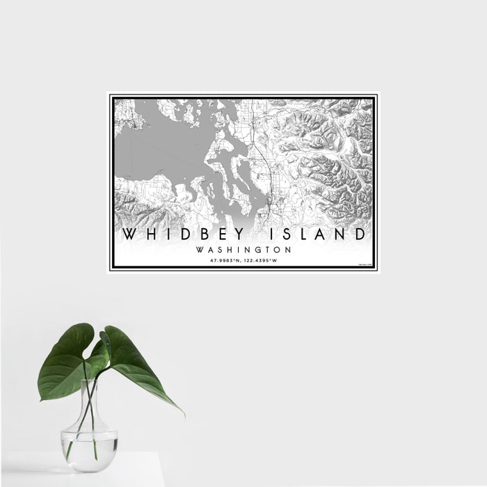 16x24 Whidbey Island Washington Map Print Landscape Orientation in Classic Style With Tropical Plant Leaves in Water