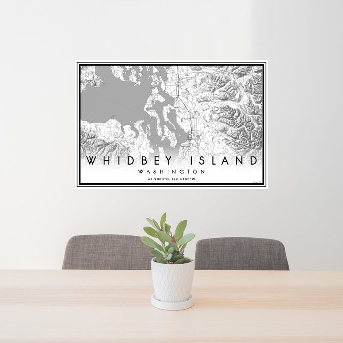 24x36 Whidbey Island Washington Map Print Landscape Orientation in Classic Style Behind 2 Chairs Table and Potted Plant