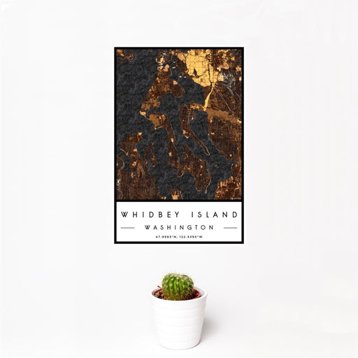 12x18 Whidbey Island Washington Map Print Portrait Orientation in Ember Style With Small Cactus Plant in White Planter