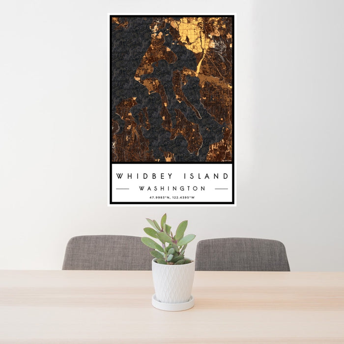 24x36 Whidbey Island Washington Map Print Portrait Orientation in Ember Style Behind 2 Chairs Table and Potted Plant