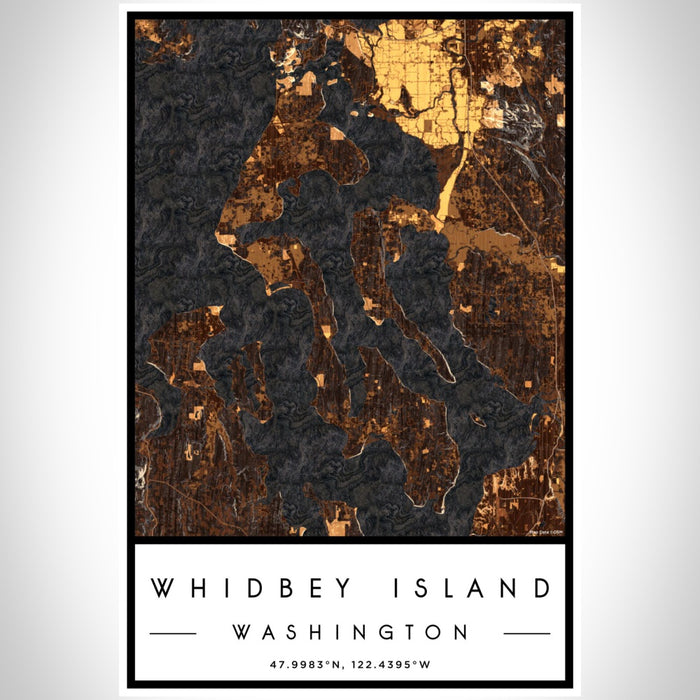 Whidbey Island Washington Map Print Portrait Orientation in Ember Style With Shaded Background