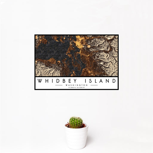12x18 Whidbey Island Washington Map Print Landscape Orientation in Ember Style With Small Cactus Plant in White Planter