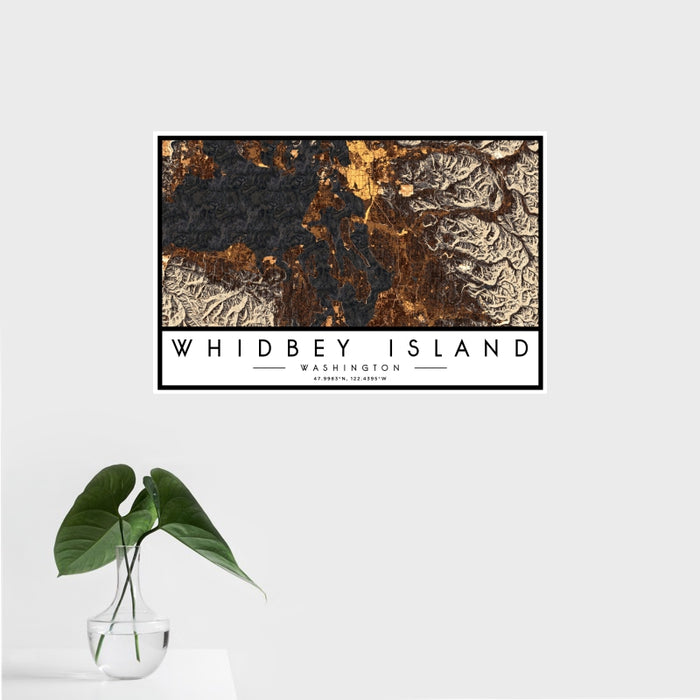 16x24 Whidbey Island Washington Map Print Landscape Orientation in Ember Style With Tropical Plant Leaves in Water