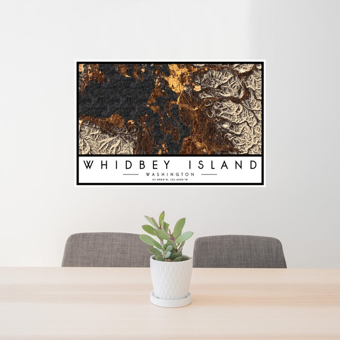 24x36 Whidbey Island Washington Map Print Landscape Orientation in Ember Style Behind 2 Chairs Table and Potted Plant