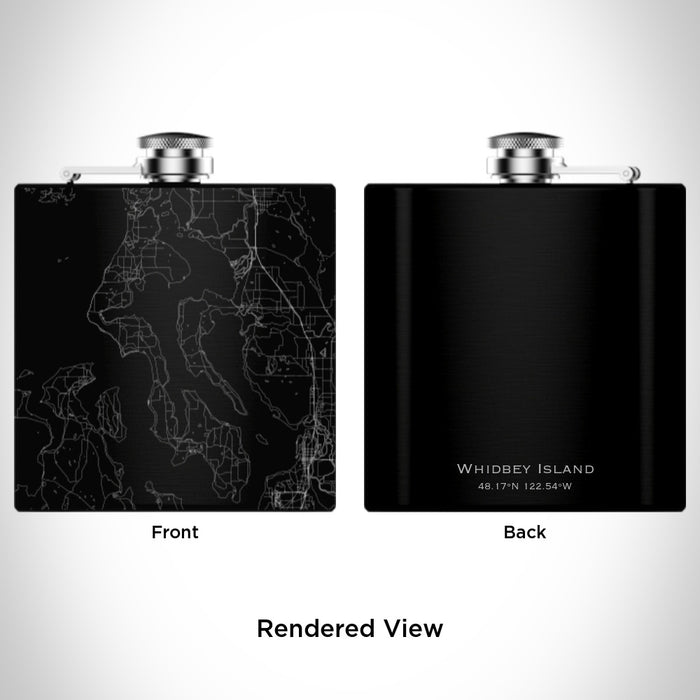 Rendered View of Whidbey Island Washington Map Engraving on 6oz Stainless Steel Flask in Black