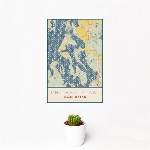 12x18 Whidbey Island Washington Map Print Portrait Orientation in Woodblock Style With Small Cactus Plant in White Planter