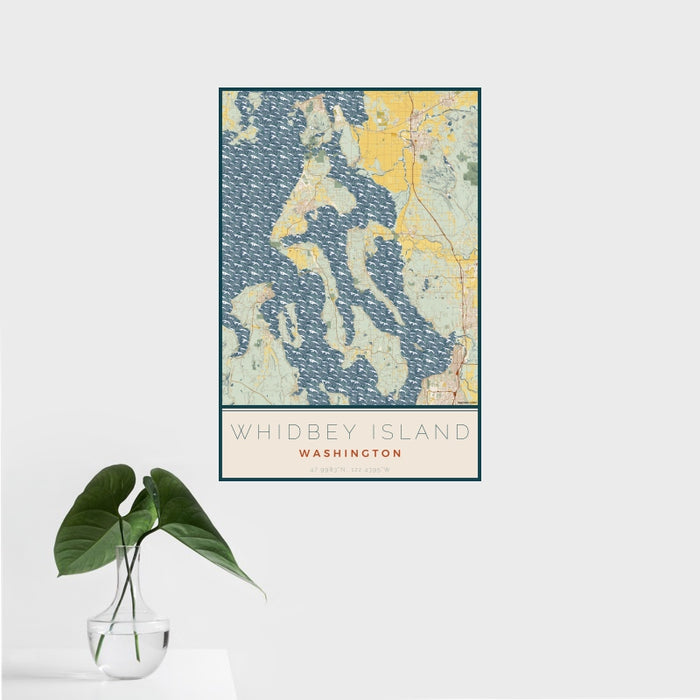 16x24 Whidbey Island Washington Map Print Portrait Orientation in Woodblock Style With Tropical Plant Leaves in Water