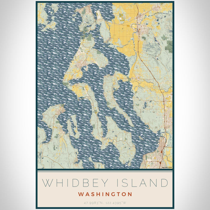 Whidbey Island Washington Map Print Portrait Orientation in Woodblock Style With Shaded Background
