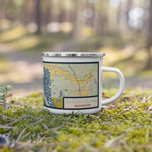 Right View Custom Whidbey Island Washington Map Enamel Mug in Woodblock on Grass With Trees in Background