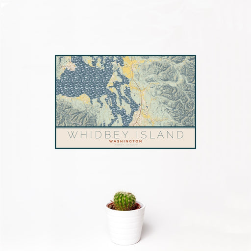 12x18 Whidbey Island Washington Map Print Landscape Orientation in Woodblock Style With Small Cactus Plant in White Planter