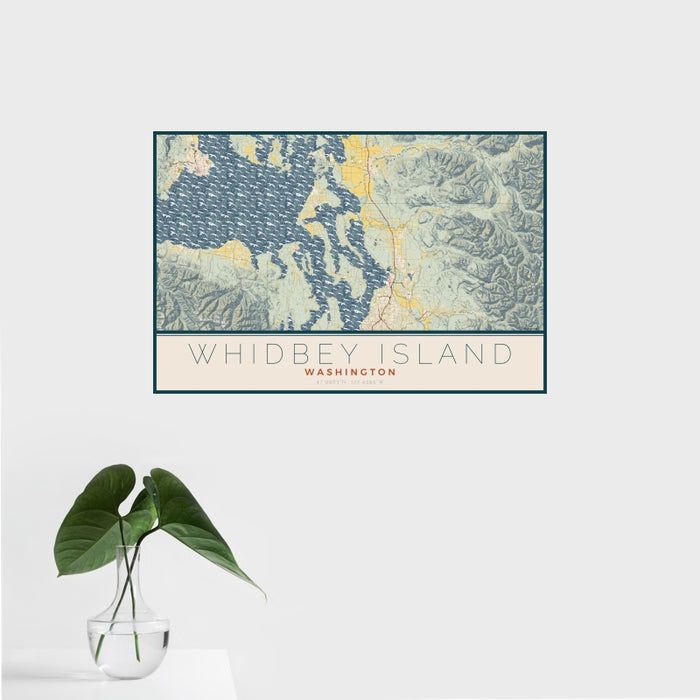 16x24 Whidbey Island Washington Map Print Landscape Orientation in Woodblock Style With Tropical Plant Leaves in Water