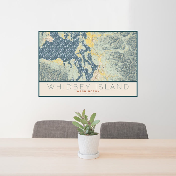 24x36 Whidbey Island Washington Map Print Landscape Orientation in Woodblock Style Behind 2 Chairs Table and Potted Plant