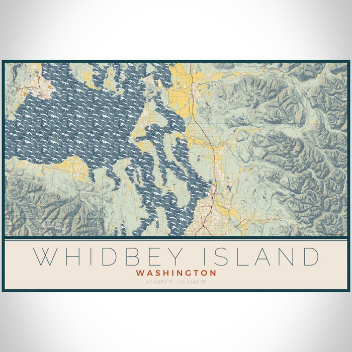 Whidbey Island Washington Map Print Landscape Orientation in Woodblock Style With Shaded Background