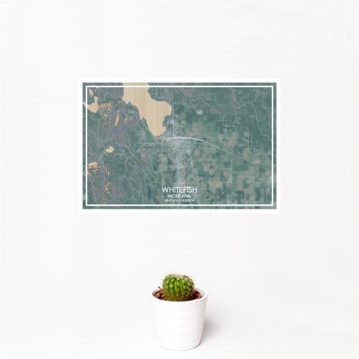 12x18 WHITEFISH Montana Map Print Landscape Orientation in Afternoon Style With Small Cactus Plant in White Planter