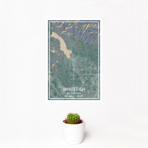 12x18 WHITEFISH Montana Map Print Portrait Orientation in Afternoon Style With Small Cactus Plant in White Planter