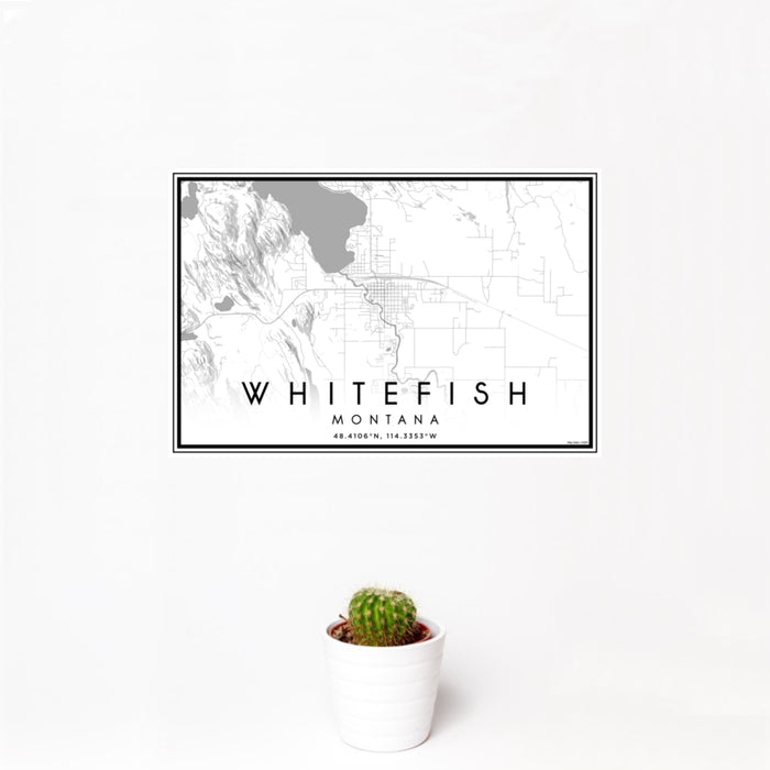 12x18 Whitefish Montana Map Print Landscape Orientation in Classic Style With Small Cactus Plant in White Planter